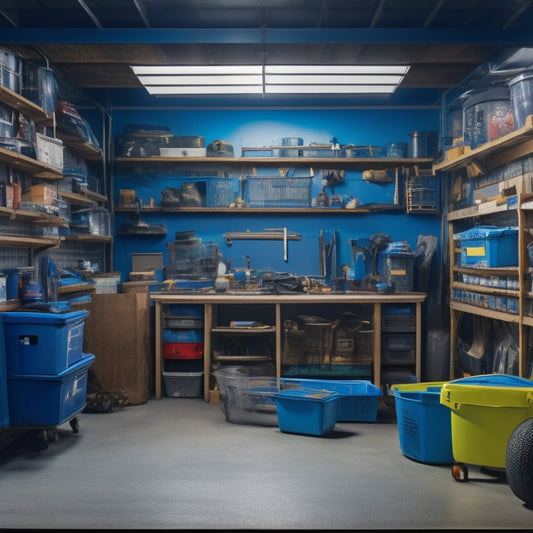 A cluttered garage with tools and storage bins scattered everywhere, contrasted with a tidy and organized section featuring a tablet with a digital tool interface and a few neatly arranged boxes and shelves.