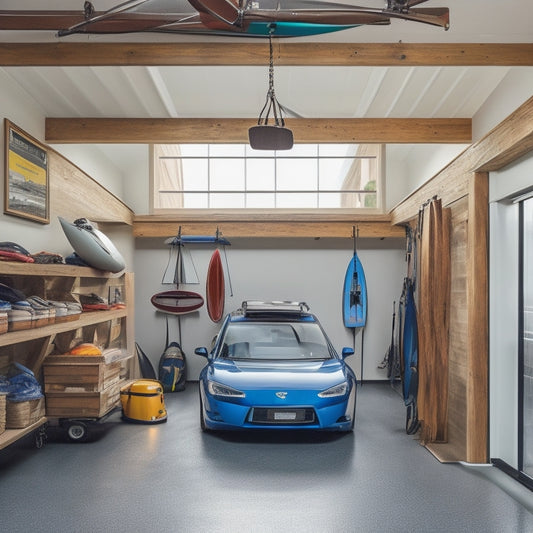 A clutter-free garage with three kayaks suspended from the ceiling via pulley systems, one kayak on a wall-mounted rack, and one on a freestanding storage rack with wheels.