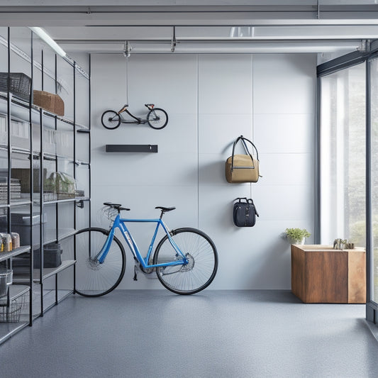 A modern garage interior with sleek, wall-mounted shelving units, a suspended bicycle storage system, and a sleek, overhead storage rack holding bins and luggage, amidst a clean, minimalist background.