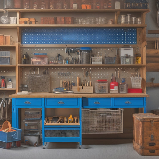 A clutter-free garage workbench with a pegboard backdrop, featuring a mix of metal and wooden storage bins, hooks, and baskets, alongside a toolbox and a cordless drill charging station.