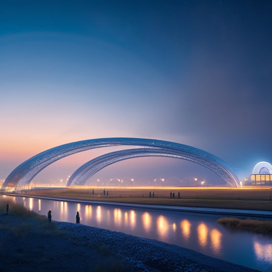 A futuristic, curved steel structure with glowing LED lights, sheltering rows of bicycles, set against a misty, moonlit night sky with subtle cityscape silhouettes in the background.