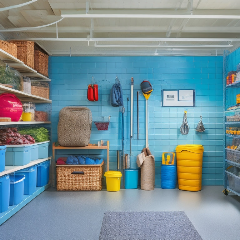 A tidy garage interior with labeled bins and baskets on shelves, a pegboard with hooks holding seasonal items like winter coats and summer inflatables, and a few organized storage units on the floor.