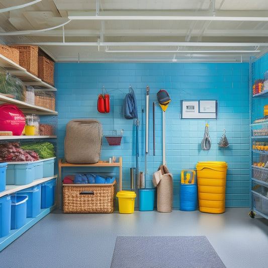 A tidy garage interior with labeled bins and baskets on shelves, a pegboard with hooks holding seasonal items like winter coats and summer inflatables, and a few organized storage units on the floor.