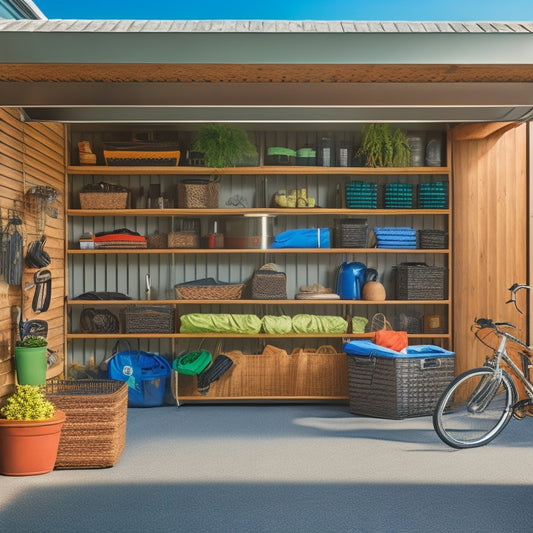 A well-organized garage with a slatted wall system, baskets, and hooks holding outdoor furniture like patio chairs, umbrellas, and pool noodles, with a clean floor and natural light.