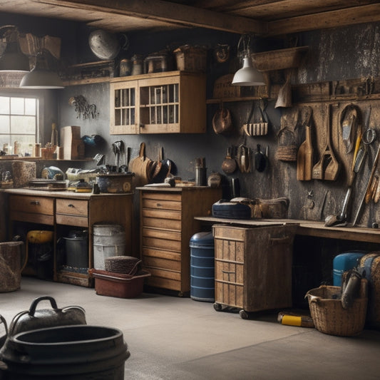 A cluttered garage with tools and equipment scattered on the floor, contrasted with a tidy and organized garage in the background, featuring shelves, bins, and a workbench made from reclaimed wood.