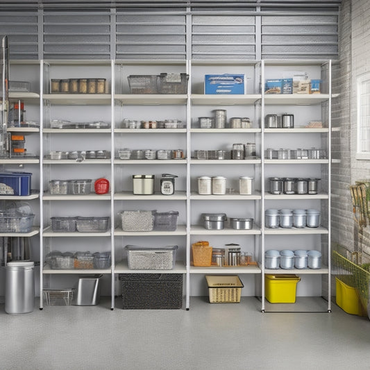 A clutter-free garage with three-tiered shelving units, each with five identical, sturdy, silver metal shelves, holding labeled bins, tools, and storage containers, against a light gray concrete wall.
