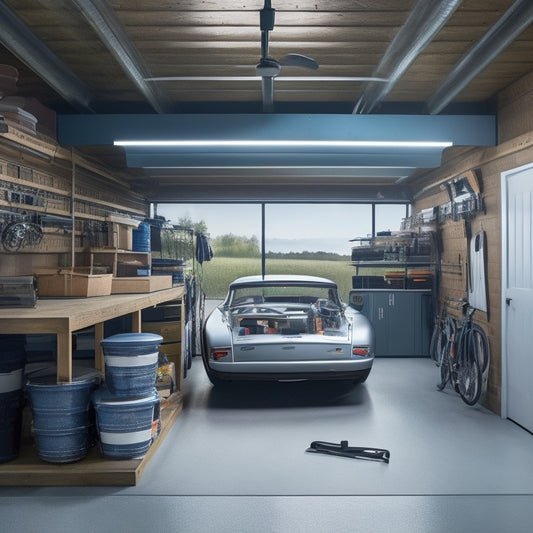 A clutter-free garage with a sleek, silver boat hull suspended from the ceiling by sturdy, black straps, surrounded by neatly organized storage bins and tools on a pegboard.