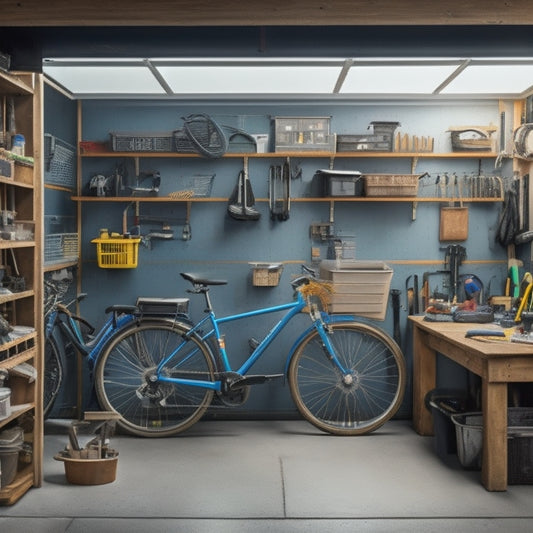 A well-organized garage with a workbench against a pegboard wall, containing neatly arranged tools and equipment, surrounded by a tidy floor with labeled storage bins and a few bicycles hung from the ceiling.