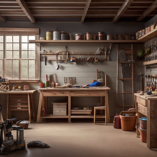 A partially built garage with wooden shelves in the background, a workbench in the center with DIY tools and materials scattered around, and a ladder leaning against the wall.