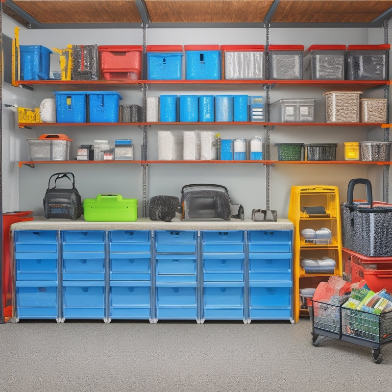 A well-organized garage with sturdy, powder-coated steel shelving units, each approximately 8 feet tall and 4 feet wide, holding multiple toolboxes, bins, and baskets in a neat and accessible arrangement.