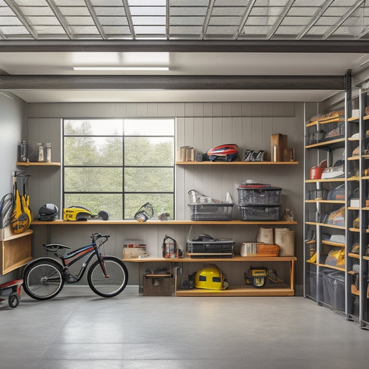 A clutter-free garage interior with sleek metal shelving, labeled bins, and a slatwall with hooks, surrounded by a sports car, bike, and lawn equipment, lit by natural light pouring through a window.