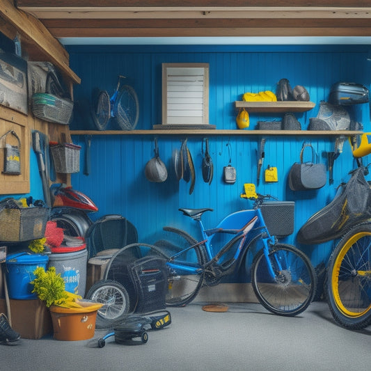 A cluttered garage with bicycles, lawn equipment, and boxes scattered about, contrasted with a tidy, organized section featuring slatwall panels, bins, and hooks holding bulky items like kayaks and luggage.