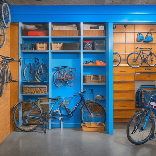 A cluttered small garage with bikes, tools, and storage bins scattered around, contrasted with a sleek, organized garage featuring custom shelves, cabinets, and a slatwall with neatly hung accessories.