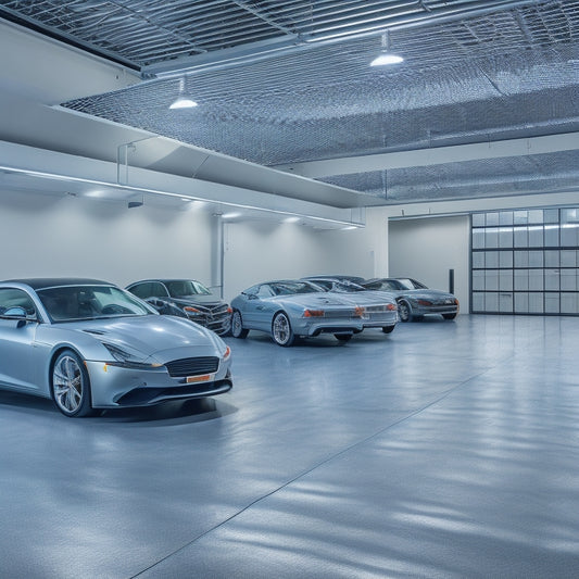 A modern, sleek garage condo with polished concrete floors, rows of gleaming silver storage units, and a few luxury vehicles parked in the background, illuminated by soft, warm overhead lighting.