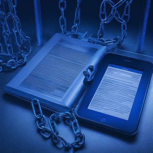 A futuristic, high-contrast illustration of a tablet or smartphone displaying a digital MOT certificate, surrounded by discarded paper certificates and broken chains, set against a dark blue or black background.