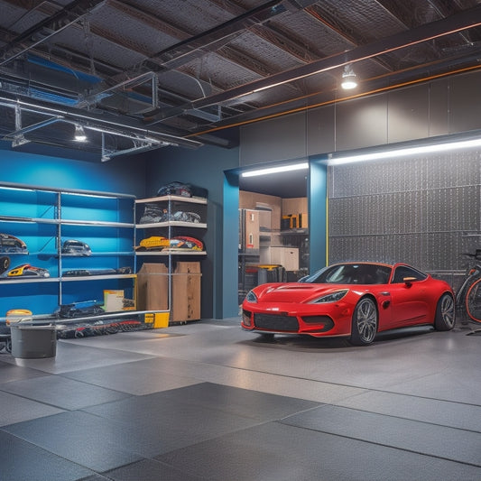 A well-organized garage with a sleek, metallic epoxy floor, featuring a pegboard with neatly hung tools, a stainless steel workbench, and a few sports cars parked in the background, illuminated by bright LED lights.