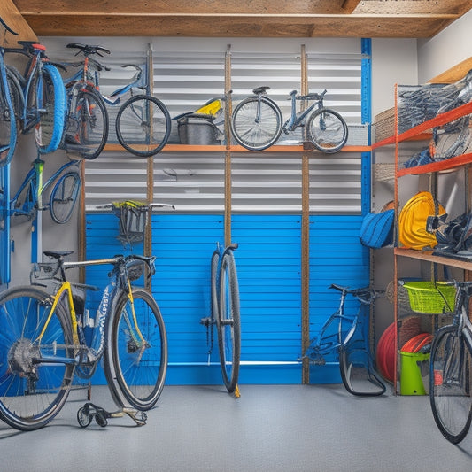 A cluttered garage with multiple bicycles of varying sizes and colors, contrasted with a tidy, organized area featuring a wall-mounted bike rack, hooks, and a shelved storage unit for helmets and accessories.