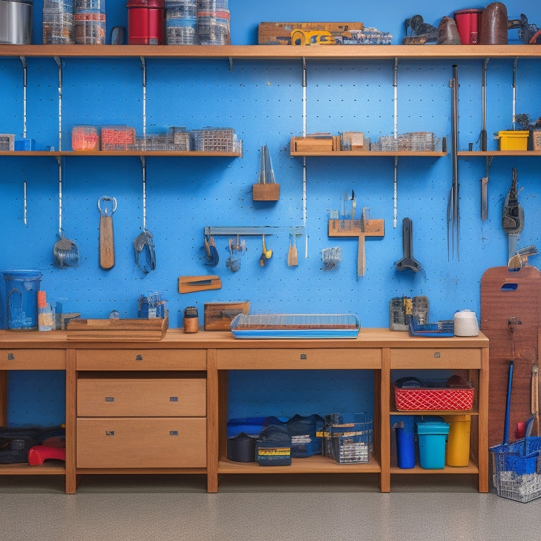A clutter-free garage workshop with a pegboard-covered wall, neatly organized tool holders, and a wooden workbench with a vice, surrounded by labeled storage bins and a few strategically placed hooks.