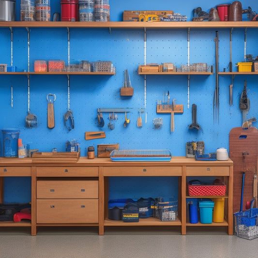 A clutter-free garage workshop with a pegboard-covered wall, neatly organized tool holders, and a wooden workbench with a vice, surrounded by labeled storage bins and a few strategically placed hooks.