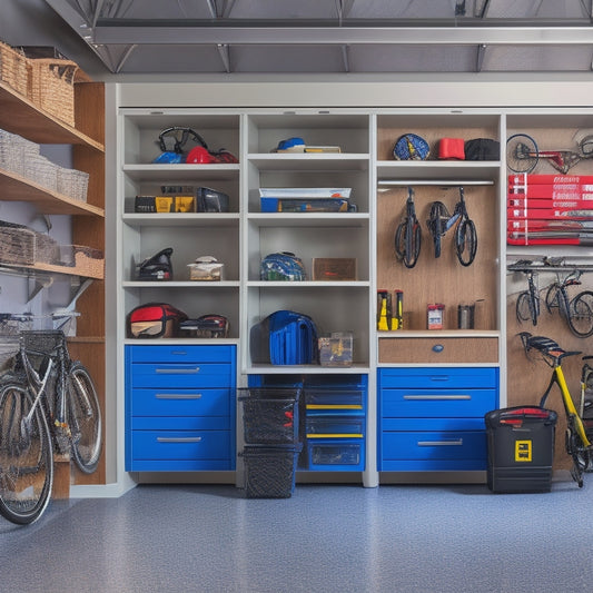 An organized garage with sleek, high-gloss cabinets, a wall-mounted toolboard, and a slatwall with hooks, baskets, and bins, surrounded by a sports car, motorcycle, and bicycle.