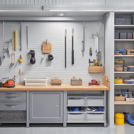 A well-organized garage with sleek, gray storage cabinets, a slatted wooden workbench, and a pegboard adorned with hanging tools, set against a bright, white background.