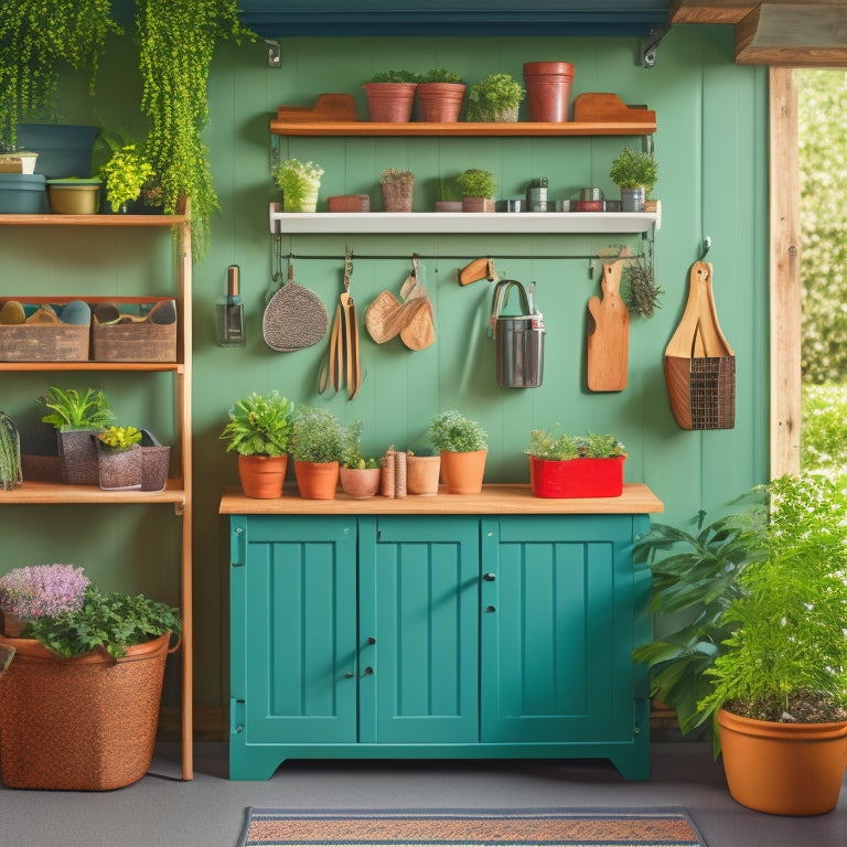 A tidy garage with a greenery-filled corner, featuring a wall-mounted pegboard with gardening tools, a shelved unit storing flower pots and seeds, and a neatly organized workbench with a small potted plant.