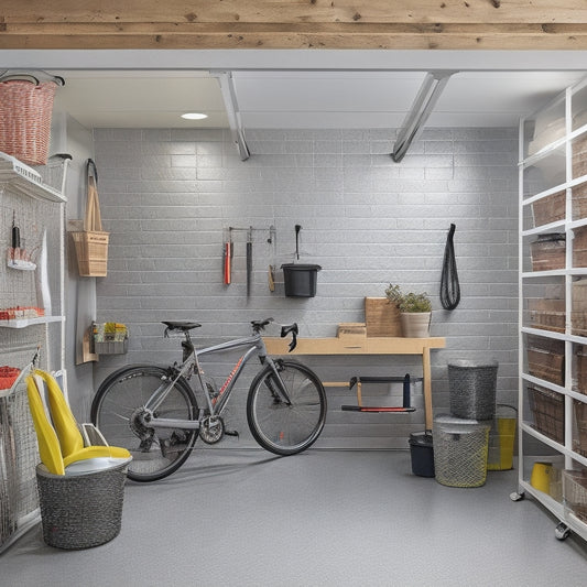 An organized garage with a slatted wall system, bins, and baskets, a pegboard with tools, and a ceiling-mounted bike rack, all in a compact, clutter-free space with a light gray floor.