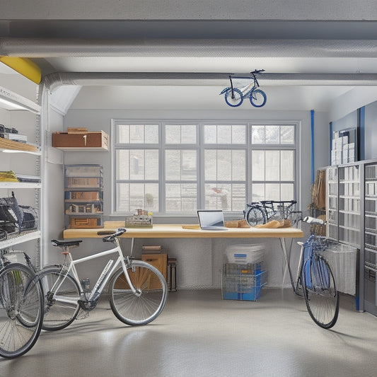 A well-organized garage with sleek, silver storage bins and labeled compartments, a laptop on a workbench displaying a storage software interface, and a few bicycles suspended from the ceiling.