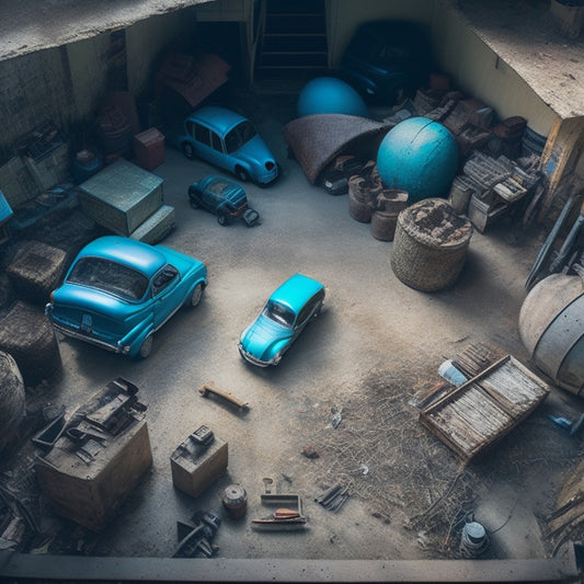 An overhead shot of a cluttered garage with old boxes, rusty tools, and a dusty car, surrounded by cobwebs, with a faint outline of a clean and organized space in the background.