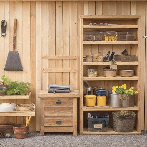 A clutter-free garden shed with a pegboard displaying neatly hung gardening tools, a rustic wooden crate storing small pots and seed packets, and a metal cabinet with labeled drawers.