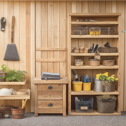 A clutter-free garden shed with a pegboard displaying neatly hung gardening tools, a rustic wooden crate storing small pots and seed packets, and a metal cabinet with labeled drawers.