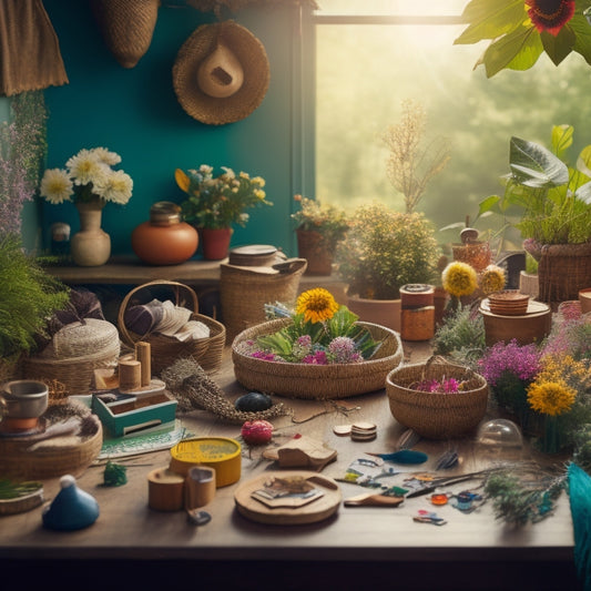 A whimsical, dreamy illustration of a sun-kissed craft table surrounded by lush greenery, colorful flowers, and eclectic craft supplies, with a few half-finished projects and inspiring trinkets scattered about.