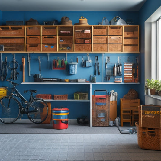 A clutter-free garage interior with a sleek, modular storage system featuring stacked bins, hanging bike racks, and a pegboard adorned with neatly organized tools and accessories.