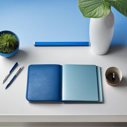 A minimalist desk with a sleek, silver laptop, a single, leather-bound planner, and a trio of colorful pens, surrounded by a sparse, calming background with subtle, gradient shades of blue and green.