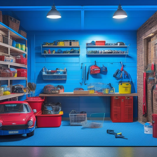 A brightly lit garage with a wall-mounted pegboard, featuring a mix of colorful bins, baskets, and hooks, holding various tools and accessories, with a sleek and modern sports car in the background.