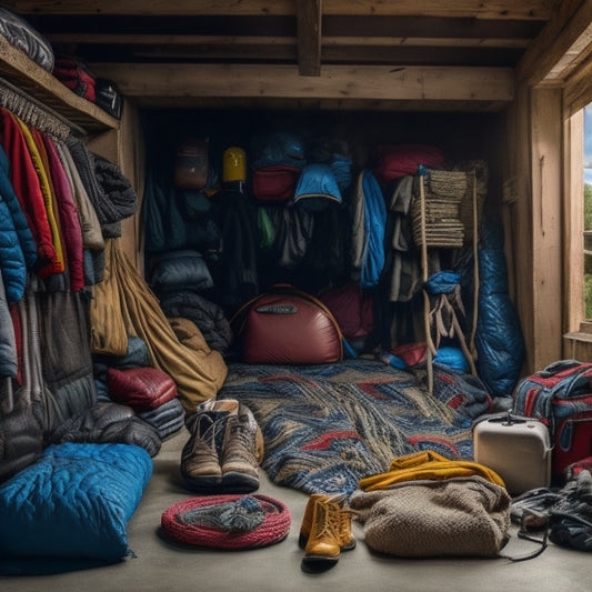 A cluttered garage or storage room with outdoor gear scattered haphazardly, with a few items like tents, sleeping bags, and backpacks tangled together, and a lone hiking boot lying in the corner, surrounded by a mess of ropes and camping stakes.