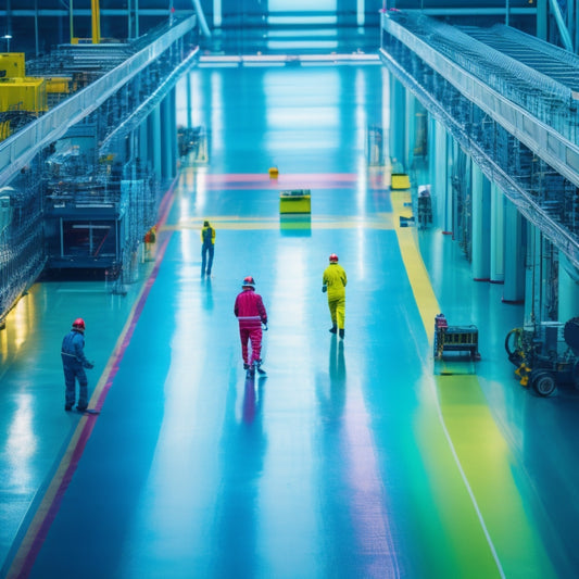 A futuristic factory floor with gleaming metallic machinery, surrounded by vibrant, colorful stripes of freshly applied floor coatings, with a few workers in the distance, wearing futuristic suits and helmets.