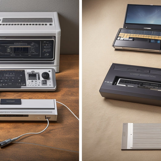 A split-screen image: a vintage cassette player with tangled tapes on the left, and a sleek laptop with a USB cable and a few neatly organized digital music files on the right.