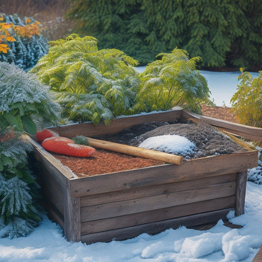 A snow-covered garden bed with a wooden compost bin in the center, surrounded by winter vegetables and evergreen branches, with a shovel and gloves placed on top of a pile of frozen leaves.