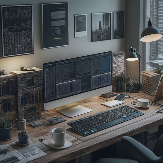 A tidy digital workspace with a laptop, a minimalist desk, and a few organized folders on a shelf, surrounded by a subtle grid of circuit boards in the background.