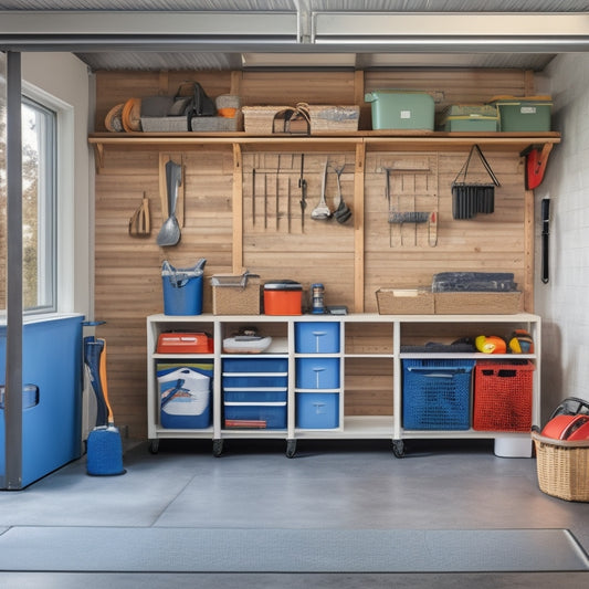 A tidy garage with a mix of bins, baskets, and shelves in a neutral color scheme, with a few tools and sports equipment organized and visible, against a clean concrete floor.