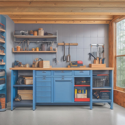 A clutter-free garage workspace with a sleek gray epoxy floor, surrounded by organized toolboxes, a sturdy wooden workbench, and a pegboard with neatly hung hand tools and accessories.