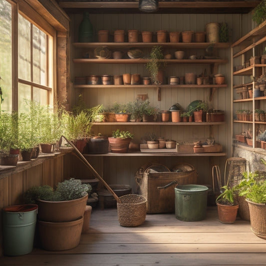 A well-organized shed interior with wooden shelves of varying heights, holding gardening tools, potted plants, and crates, surrounded by a rustic wooden wall and a few windows letting in natural light.