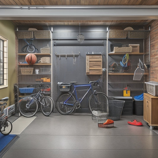 A clutter-free garage with multiple bicycles, a basketball hoop, and a workbench, featuring a slatwall with bins, hooks, and baskets, and a floor-to-ceiling storage system with labeled cabinets.