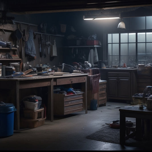 A dimly lit garage with cluttered shelves, scattered tools, and a messy workbench, surrounded by cobwebs and dust, with a faint image of a family trying to park their car in the background.