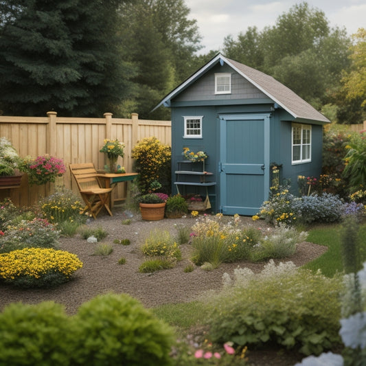 A serene backyard scene featuring a colorful, uniquely-shaped DIY shed with a sloping roof, surrounded by lush greenery, flowers, and a few scattered gardening tools.