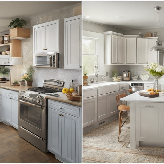 A split-screen image: a cramped, cluttered kitchen with worn-out cabinets and outdated appliances on one side, and the same kitchen transformed with sleek, modern fixtures and fresh white countertops on the other.