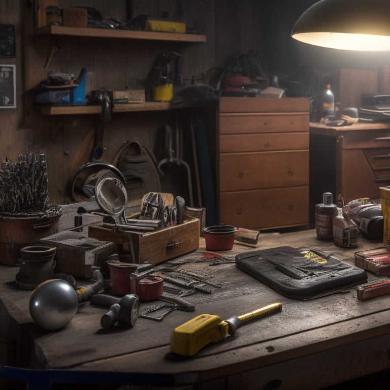 A cluttered garage with scattered tools and a workbench in the background, with a clean and organized iPhone on a small desk in the foreground, surrounded by a few neatly arranged wrenches and a miniature toolbox.