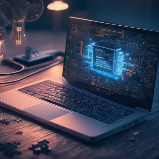 A futuristic, minimalist illustration of a laptop with a glowing screen, surrounded by scattered puzzle pieces, gears, and lightbulbs, with a subtle background of circuit boards and wires.