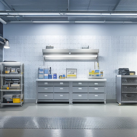 A well-organized commercial garage with sleek, silver tool chests, labeled bins, and a neatly arranged pegboard, set against a clean, gray concrete floor and illuminated by bright, overhead LED lights.